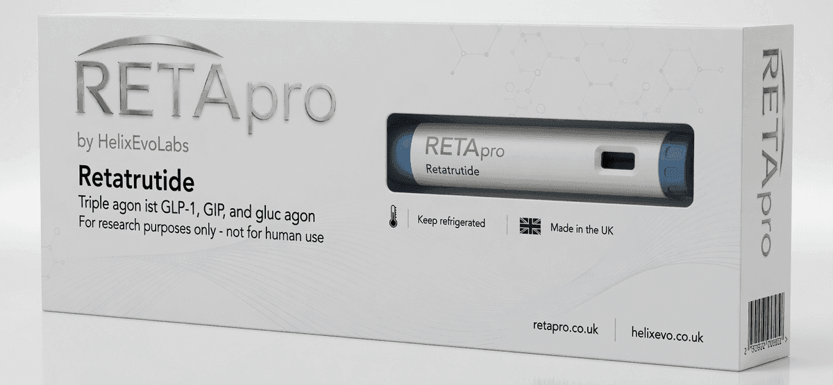 RETApro Retatrutide research peptide kit — pre-mixed pen in its box